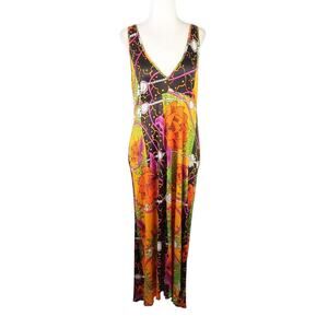 Vintage 70s Yellow Orange Groovy Funky Floral Midi Nightgown Dress S